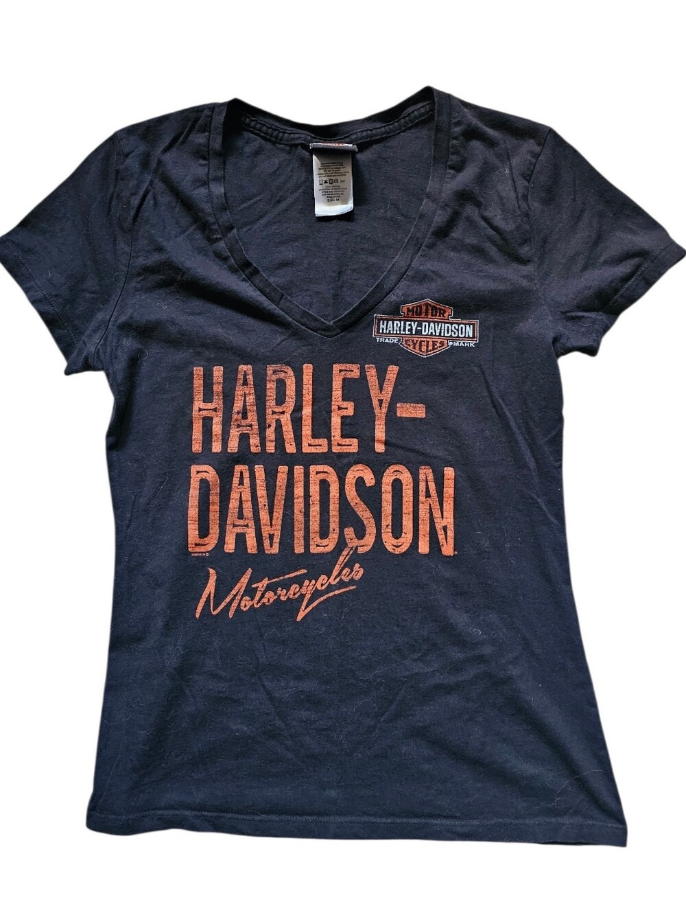 Harley-Davidson Black V-Neck Tee with Orange Logo. 'Guam HD of Mariana Islands'